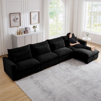 Large L Shape Sectional Corduroy Sofa,Deep Seat Couch with Storage Footstool and 4 Waist Pillows
