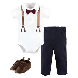 Little Treasure Baby Boys Cotton Bodysuit, Pant and Shoe 3pc Set, Brown Suspenders - 1 of 1