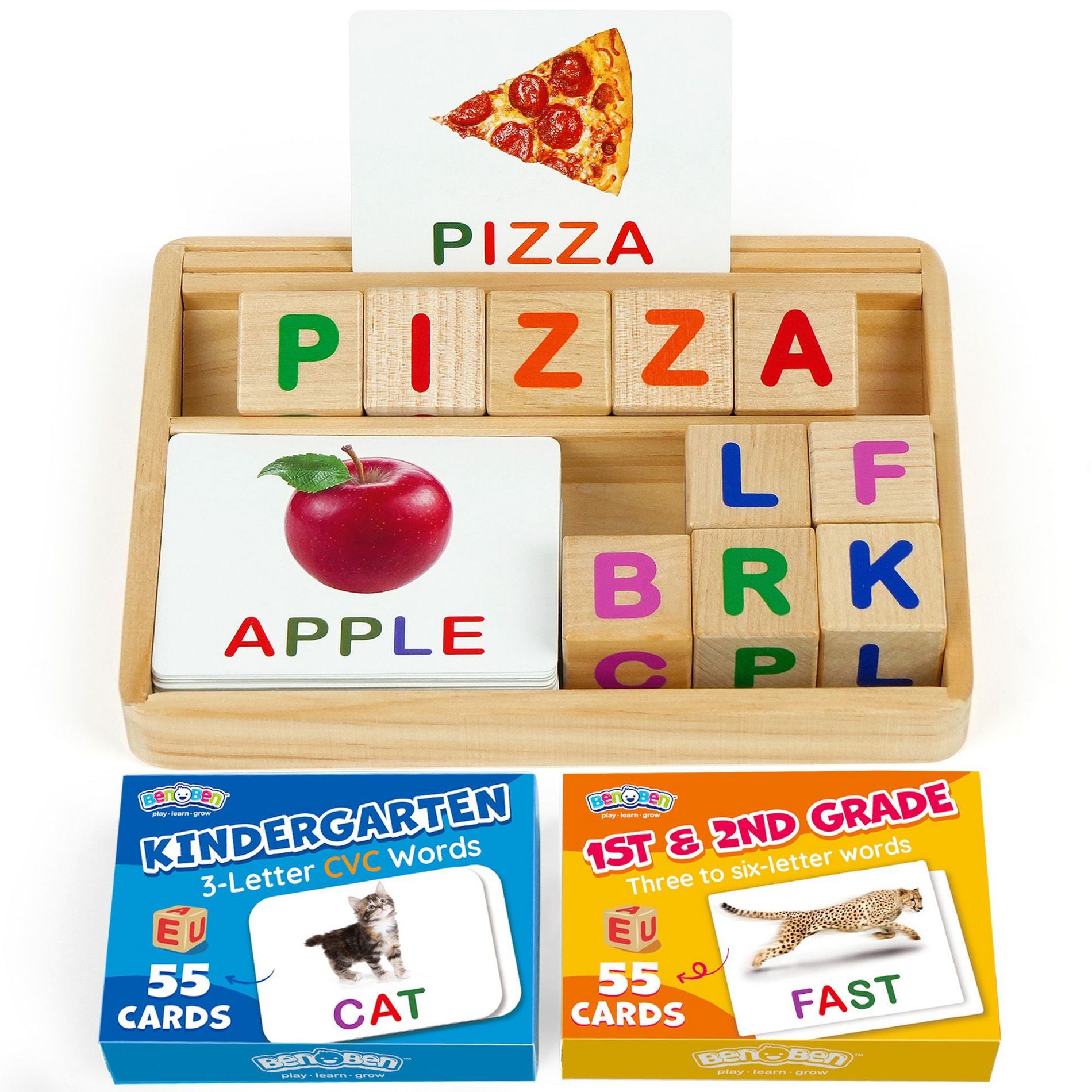 BenBen Spelling Games with Flash Cards, Montessori Toys for 3-6 Kids, Wooden Matching Letters Games