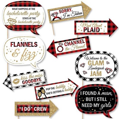 Big Dot of Happiness Funny Flannel Fling Before the Ring - Buffalo Plaid Bachelorette Party Photo Booth Props Kit - 10 Piece