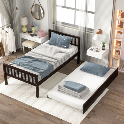 NicBex Twin Bed with Trundle,Wood Platform Bed Frame with Headboard and Footboard for Small Living Space