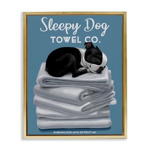 Stupell Industries Vintage Sleepy Dog Towel Co Floating Frame Canvas Art, Gold, 17" x 21" - 1 of 4