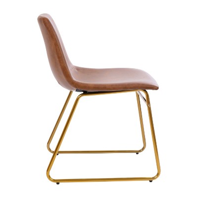 Light Brown LeatherSoft Bucket Dining Chairs with Gold Sled Base, Set of 2