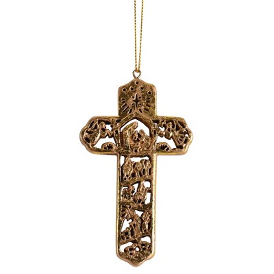 Dickson's Cutout Nativity in Cross - 4 x 2.38 Inch Gold Tone Finish Resin Decorative Hanging Ornament