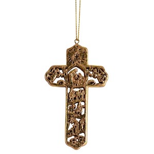 Dickson's Cutout Nativity in Cross - 4 x 2.38 Inch Gold Tone Finish Resin Decorative Hanging Ornament - 1 of 1