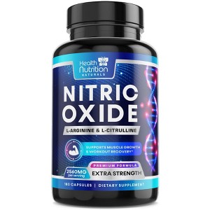 Extra Strength Nitric Oxide Supplement 3X Strength L Arginine, Citrulline Malate, AAKG, Beta Alanine - 180 Capsules By Health Nutrition Naturals - 1 of 4