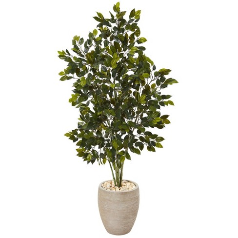 70in. Variegated Ficus Artificial Tree in Handmade Black and White Natural  Jute and Cotton Planter UV Resistant (Indoor/Outdoor)