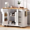 MAYEERTY White 56" Kitchen Island Rubber Wood Veneer Drop Leaf, Power Outlet 4 Door Shelves 6 Deep Drawers Rolling Cart - 3 of 4