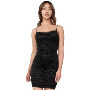 Slickblue Women's Glitter Mesh Mini Dress, Ruched Bodycon Fit, Cowl Neck, Cami Strap Party Look, Black/Silver, Size S-L - 1 of 4
