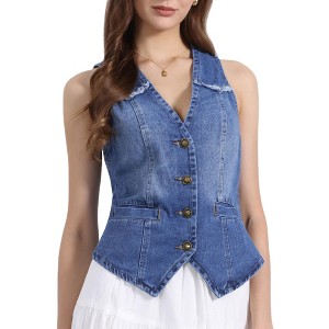 INSPIRE CHIC Women's Denim Sleeveless Collarless Washed Distressed Jean Vest - 1 of 4
