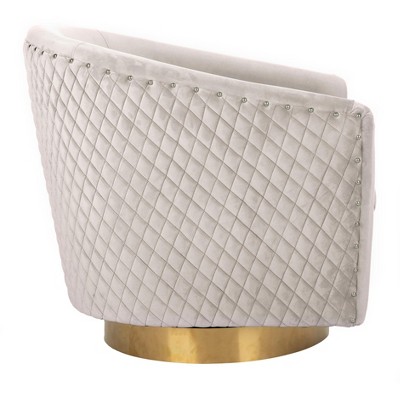 Transitional Pale Taupe Velvet Swivel Barrel Chair with Gold Legs