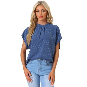Allegra K Women's Swiss Dots Pleated Crew Neck Short Sleeve Casual Summer Top - 1 of 4