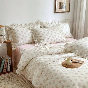 Pink Floral Queen Duvet Cover Set, 100 Cotton Ruffle Lace Bedding for Girls, Soft Princess Aesthetic with Zipper. - 1 of 4