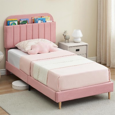 Twin Bed Frame with Storage Headboard Velvet Upholstered Platform Bedframe for Kids/Girl Bed Strong Wooden Slats Noise-Free Easy Assembly, Beige