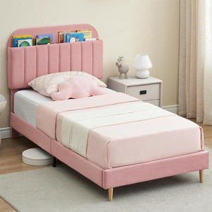 Twin Bed Frame with Storage Headboard Velvet Upholstered Platform Bedframe for Kids/Girl Bed Strong Wooden Slats Noise-Free Easy Assembly, Beige - 1 of 4