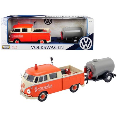 Volkswagen Type 2 (T1) Pickup Truck Orange and Cream with Oil Trailer "Road Service" 1/24 Diecast Model Car by Motormax