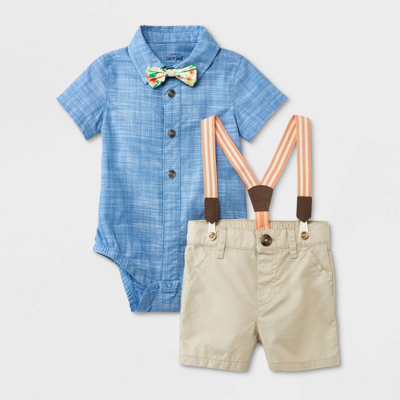 Baby Boys' Mini Man Suspender Top & Bottom Set with Bow Tie - Cat & Jack™ Cream/Blue, 1 of 7