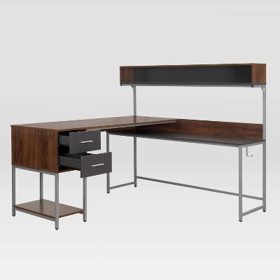 Walnut Wood L-Shaped Gaming Computer Desk with Hutch and Drawer
