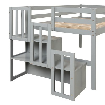 Twin Size Loft Bed, Pine Wood Twin Loft Bed Frame With Staircase Storage Space Slide Full-length Safety Guardrails For Bedroom No Box Spring Needed