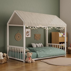 Twin/Full Size Montessori Metal Floor Bed Frame, House Shaped Platform Bed with Vertical Safety Guardrails for Kids/Toddlers - ModernLuxe - 1 of 4