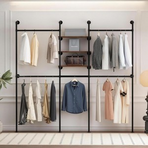Industrial Pipe Clothing Racks with 3 Shelves, Black Wall Mounted Clothes Rack with LED Lights, Heavy Duty - 1 of 4