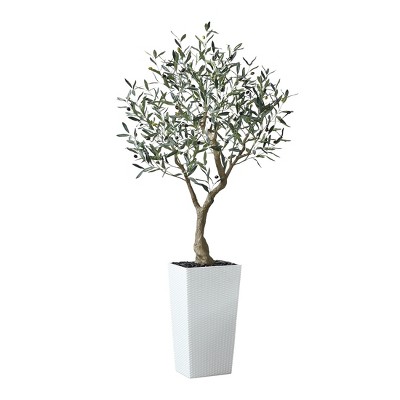 DR.Planzen UV Resistant 6-7FT Artificial Olive Tree with White/Brown Tall Planter - Faux Plants with three branches for Indoor/Outdoor for Home Decor
