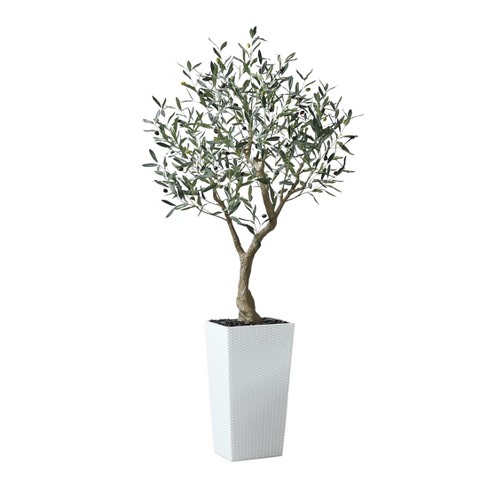 Kazeila UV Resistant Fake Olive Tree with White Tall Planter, Big Artificial Olive trees with three branches for Indoor Outdoor Office House Decor - image 1 of 4