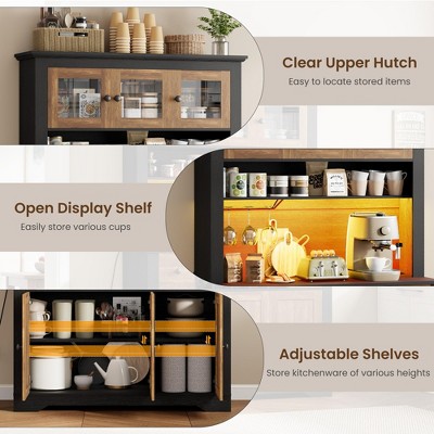 Garvee Coffee Bar Cabinet, 68.7 Inch Brown Farmhouse Kitchen Hutch with Led Light and Power Outlet for Dining Room — фото 4