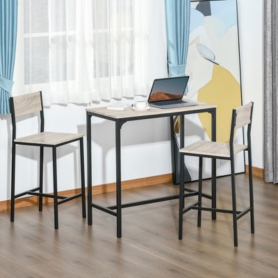 Natural Wood and Black Metal 3-Piece Bar Table Set