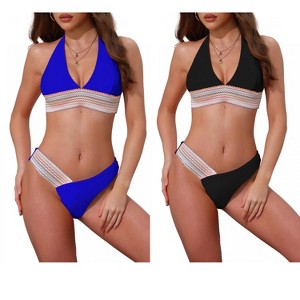 INSPIRE CHIC Women's Color Block Wavy Stripes Halter Top V Shaped Bottom Swimwear Bathing Bikini Suits 2 Sets - 1 of 4