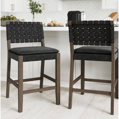 Cohen Black Faux Leather Saddle Counter Stools with Wood Frame, Set of 2