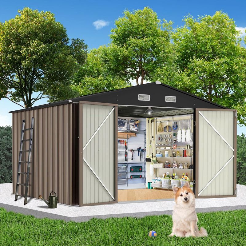 8.6'x10.4' Outdoor Storage Shed, Large Garden Shed. Updated Reinforced and Lockable Doors Frame Metal Storage Shed for Patiofor Backyard, Patio, Brown, 2 of 8