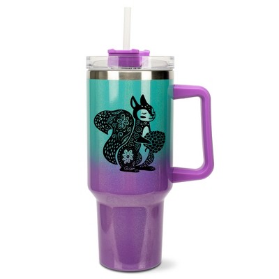 Elanze Designs 40 Ounce Ombre Travel Tumbler With Straw and Lid Stainless Steel Double Wall Insulated Charming Floral Squirrel Teal and Purple Glitter