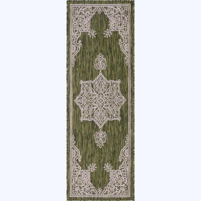 Green and Gray Synthetic Flat Woven Outdoor Runner Rug
