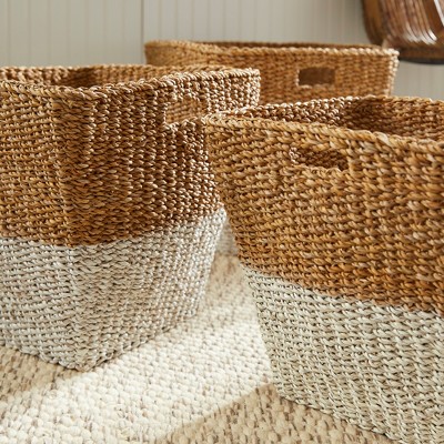 Two-Toned Seagrass Rectangular Storage Baskets, Set of 3