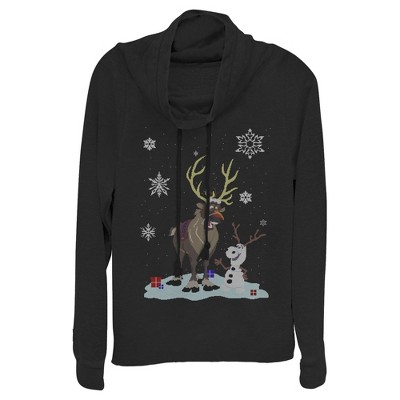 Junior's Frozen Christmas Sweater Friends Cowl Neck Sweatshirt