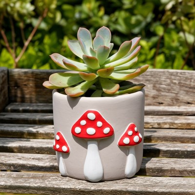 Mushroom Planter Pot with Drainage Hole - 6" Red Cement Pottery Plant Container for Indoor & Outdoor Garden, Rustic Boho Decorative Flower Pot