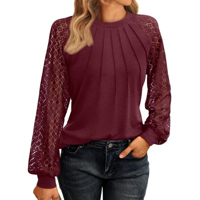 Lace Long Sleeve Tops For Women Crewneck Shirts Casual Dressy Blouses Y2K Fall Tunic Tops