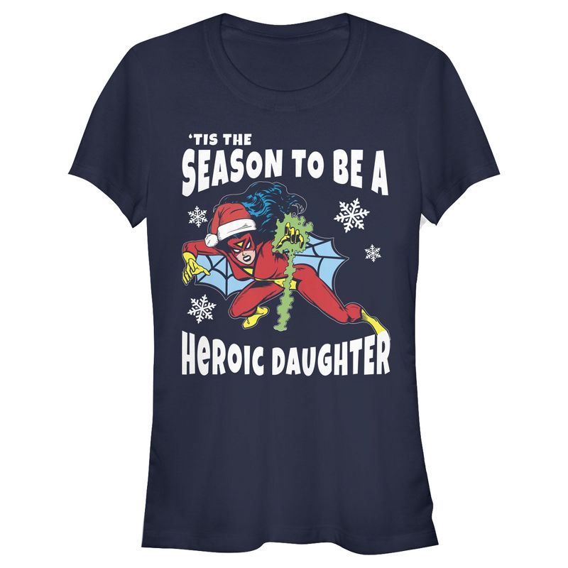 Juniors Womens Marvel Christmas Spider-Woman Heroic Daughter T-Shirt, 1 of 4
