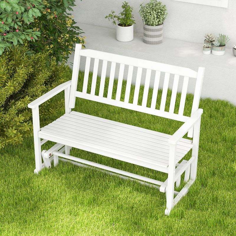 Costway Patio Glider Loveseat Chair Swing Rocking Bench with Slatted Seat & Curved Backrest White/Brown, 1 of 11