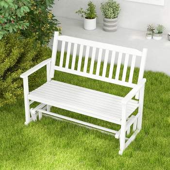 Costway Patio Glider Loveseat Chair Swing Rocking Bench with Slatted Seat & Curved Backrest White/Brown