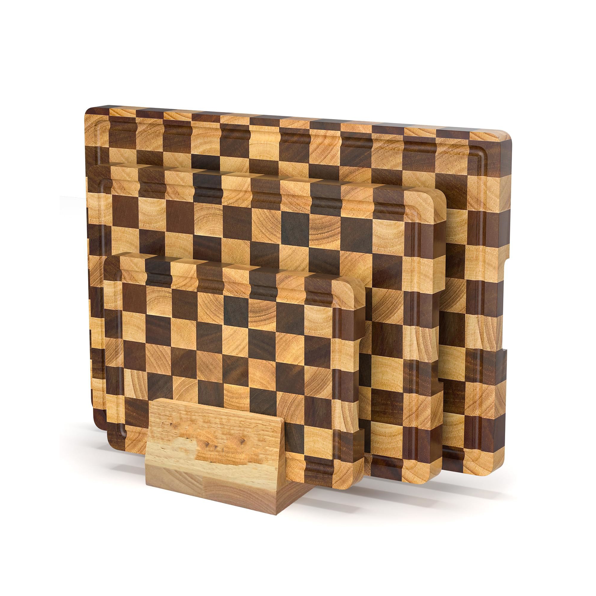 Aoibox Checkered Wood Cutting Board Set with Anti-Slip Base & Guide Groove, Walnut & Rubberwood Chopping Board for Vegetables, Fruits & Meat