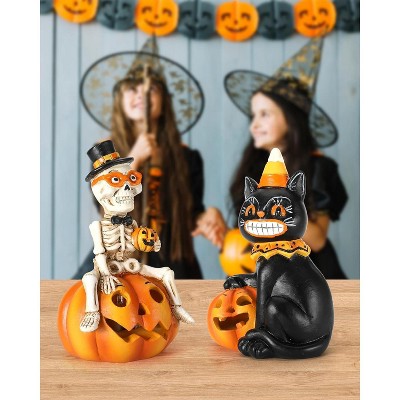 Hachikiko 2-Pack Resin Black Cat & Skeleton on Pumpkin,Halloween Indoor Decor, Fireplace Tabletop Tiered Tray Party Decor