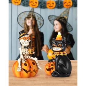 Hachikiko 2-Pack Resin Black Cat & Skeleton on Pumpkin,Halloween Indoor Decor, Fireplace Tabletop Tiered Tray Party Decor - 1 of 4