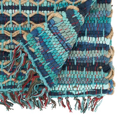 Handwoven Blue and Beige Chindi Table Runner, 16&quot;x72&quot;