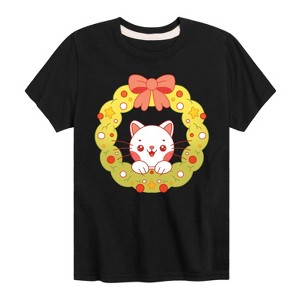Boys' - Instant Message - Christmas Chibi Cat Wreath Short Sleeve Graphic T-Shirt - 1 of 4