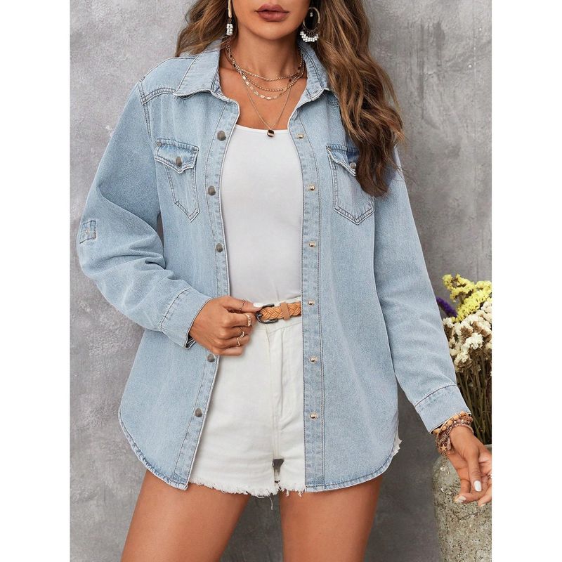 Women‘s Denim Shirt Jacket Button Down Roll Tab Sleeve