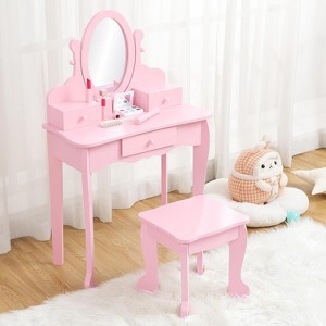 Kids Vanity Set with Drawer, with Wooden Makeup Playset, with Mirror, Makeup Table and Stool for 4-9 Girls, Pink - 1 of 4