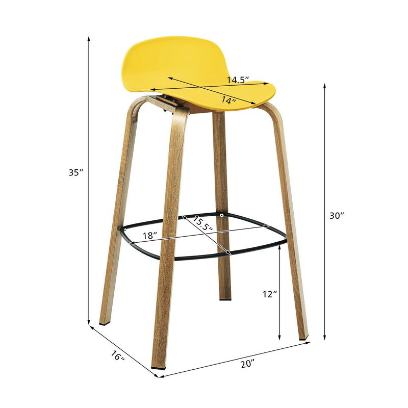 Costway Modern Set of 4 Barstools 30inch Pub Chairs w/Low Back & Metal Legs Yellow, 4 of 11