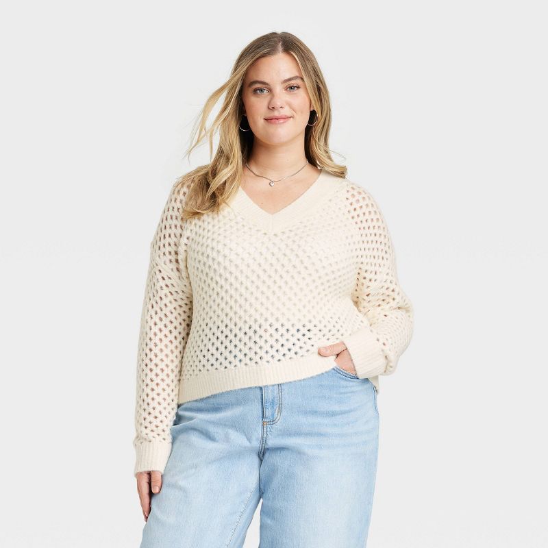 Women's V-Neck Open Work Pullover Sweater - Universal Thread™, 1 of 10